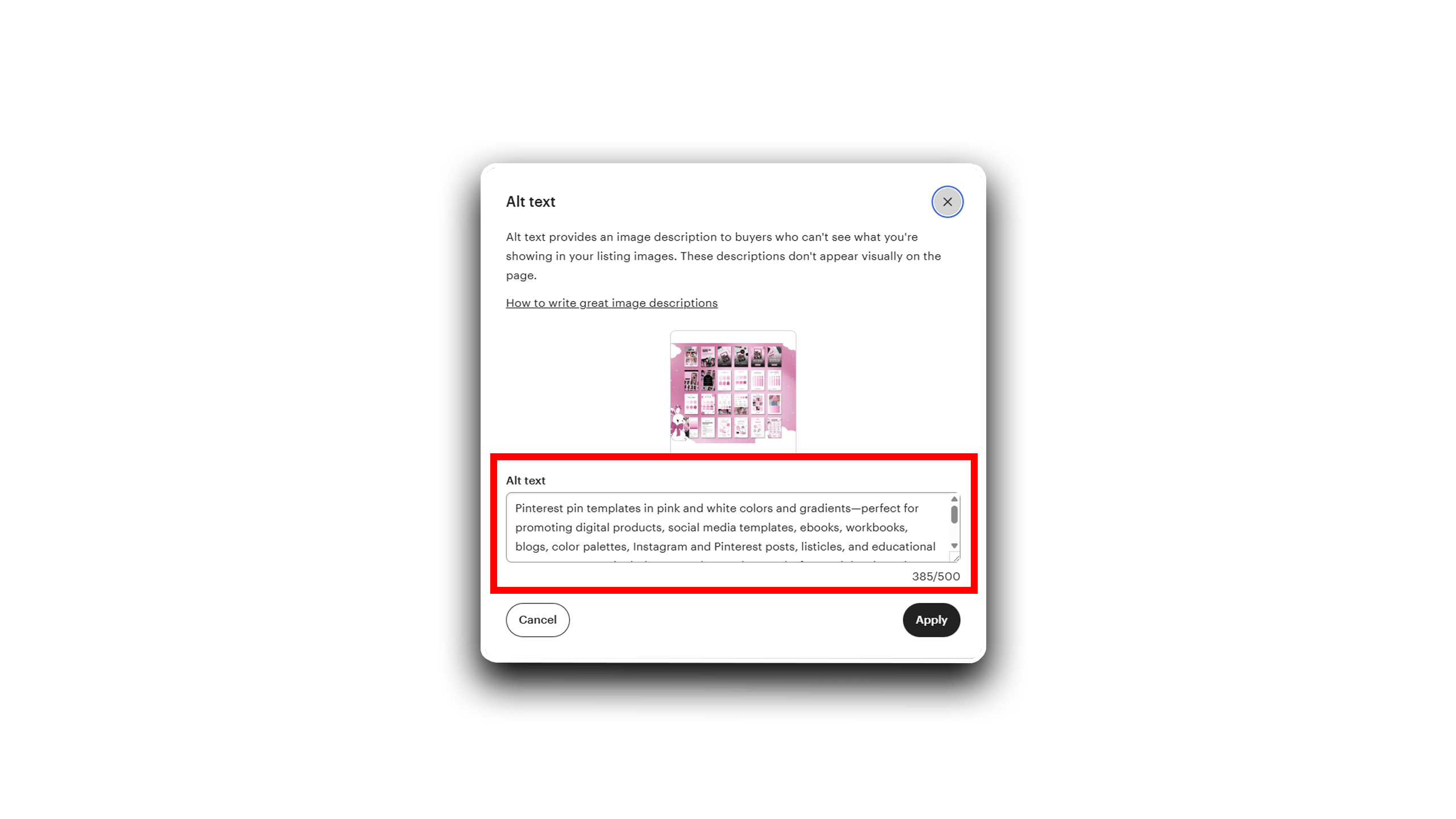 Gabi shows a Pinterest pin templates listing on Etsy, with the alt text field highlighted in red.