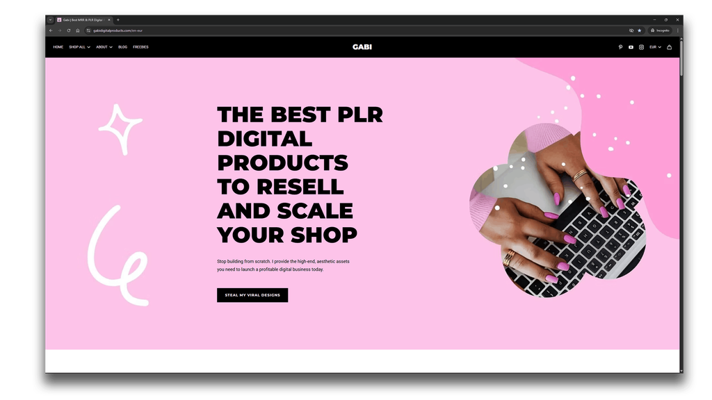 GabiDigitalProducts is one of the best PLR websites, with a vibrant pink homepage that highlights high-quality digital products. The design shows hands typing on a keyboard, with playful abstract elements adding a modern touch.