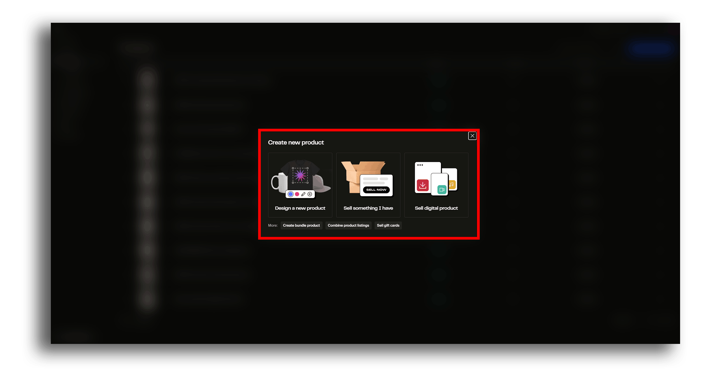 E-commerce platform interface with options to design a new product, sell a physical product, or sell a digital product, set against a dark background. Each option features an illustrative icon representing its function.