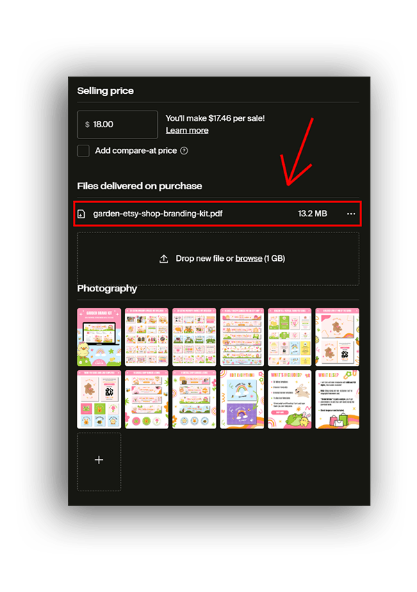 Screenshot of a digital product listing with a selling price of $18. Highlighted is a red arrow pointing to a 13.2 MB PDF file for download, titled "garden-etsy-shop-branding-kit.pdf." Below are colorful thumbnails of design templates labeled under "Photography."