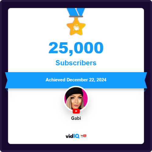 YouTube milestone from vidIQ showing Gabi, solopreneur coach, reaching 25,000 subscribers.