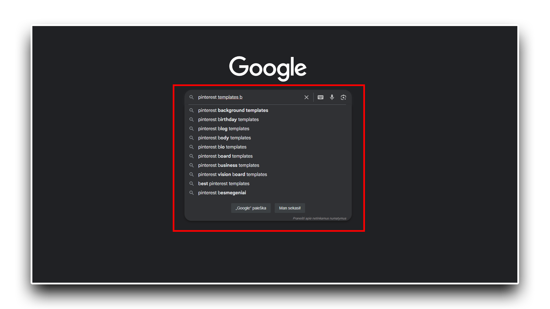 "Pinterest templates b" in Google search bar with autocomplete suggestions outlined in red.