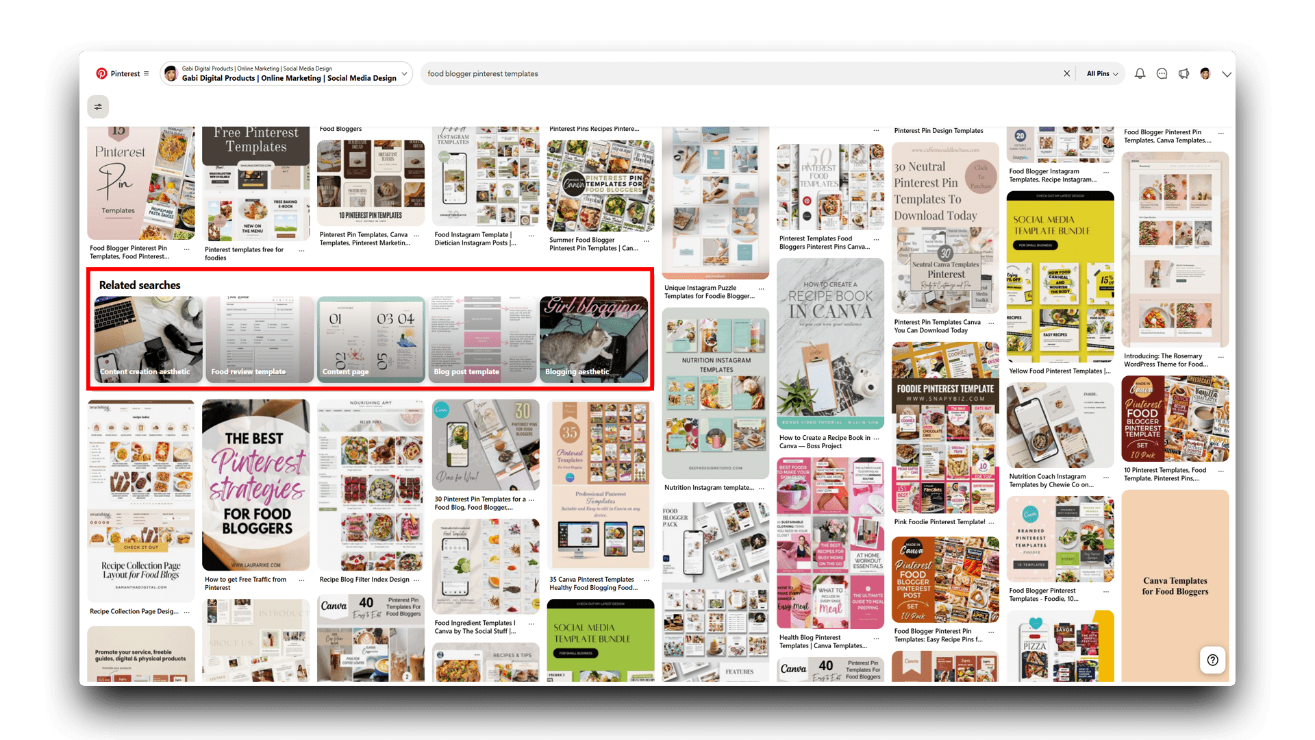 Gabi clicked “food blogger pinterest templates,” scrolled to related searches, highlighted in red.