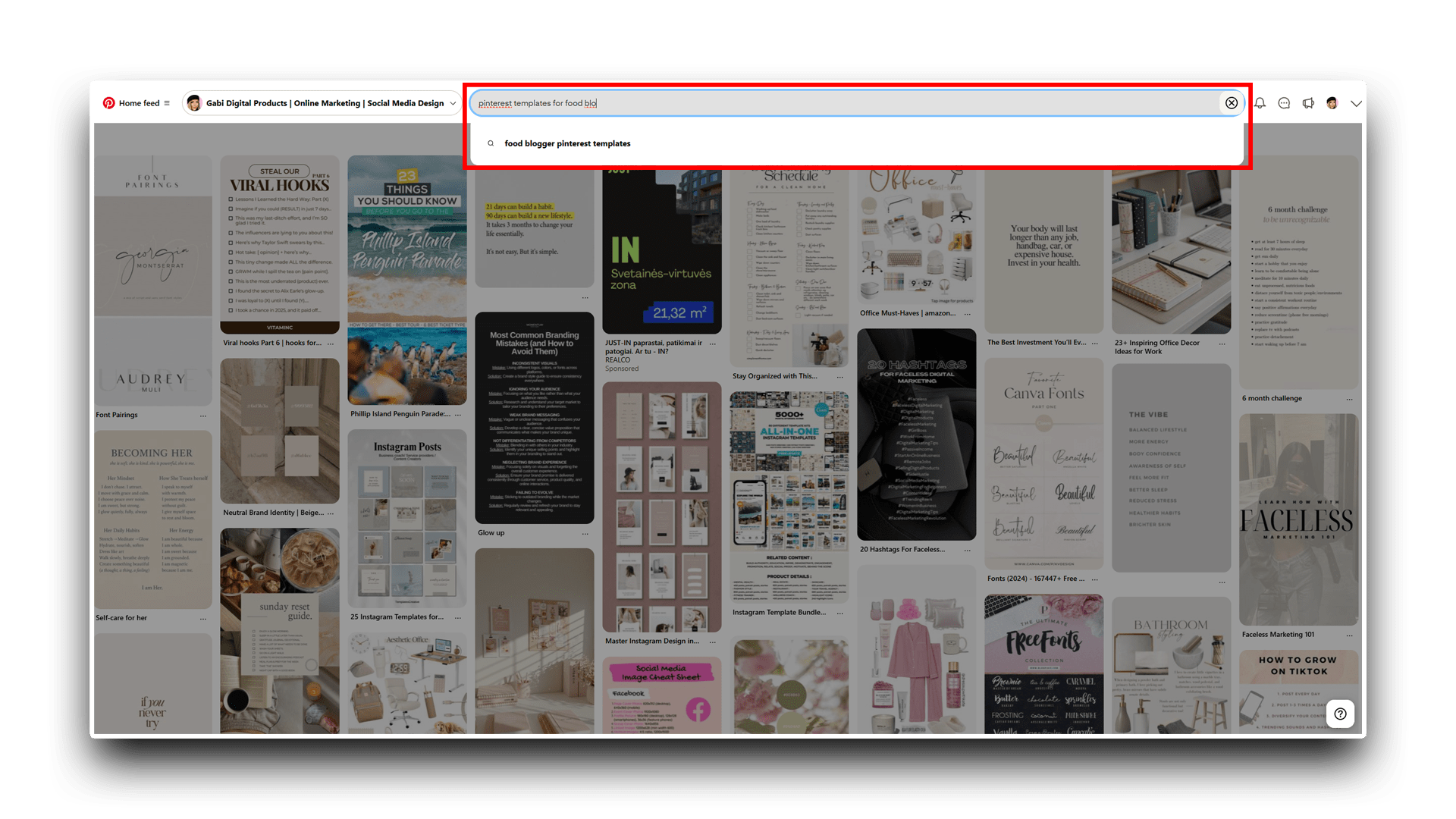 “pinterest templates for food blo” with auto-suggest highlight “food blogger pinterest templates.”
