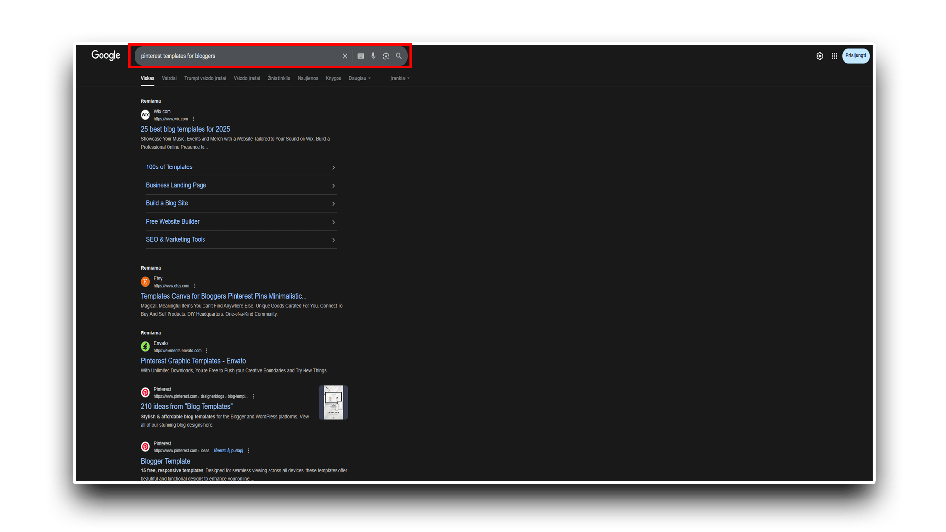 Google search results with the keyword "Pinterest templates for bloggers" outlined in red.