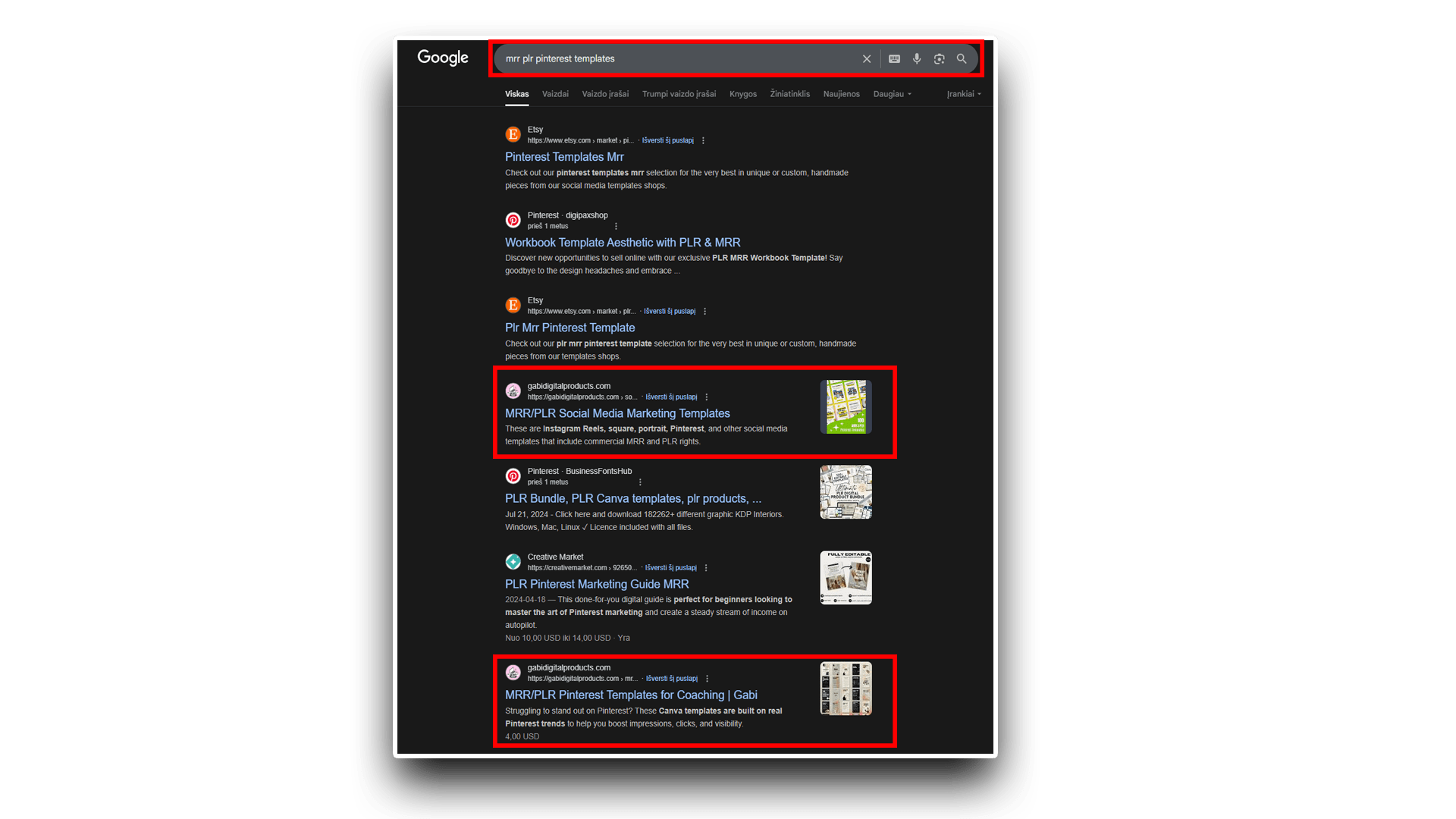 Google search for “MRR PLR Pinterest templates” with Gabi’s listings highlighted in red on page one