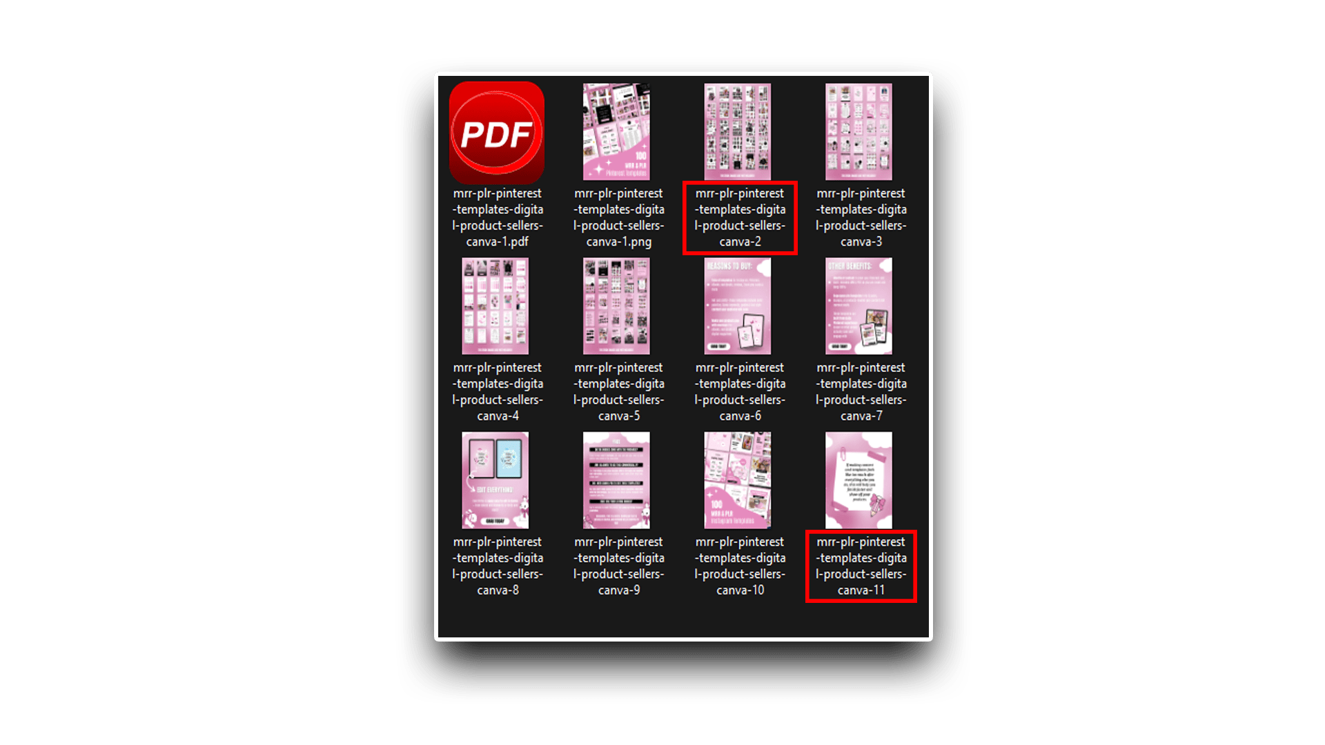 Folder with Gabi’s Pinterest pin templates product and a PDF, files named with targeted keywords.