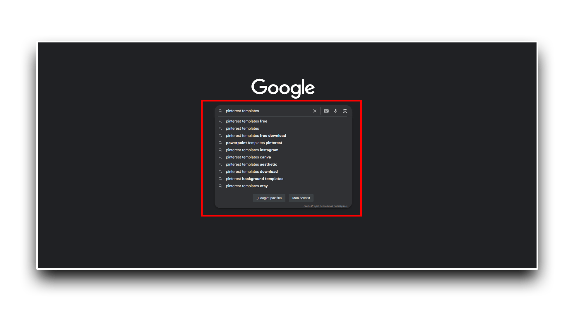 Google search results with "Pinterest templates" typed and the keyword phrase highlighted in red.