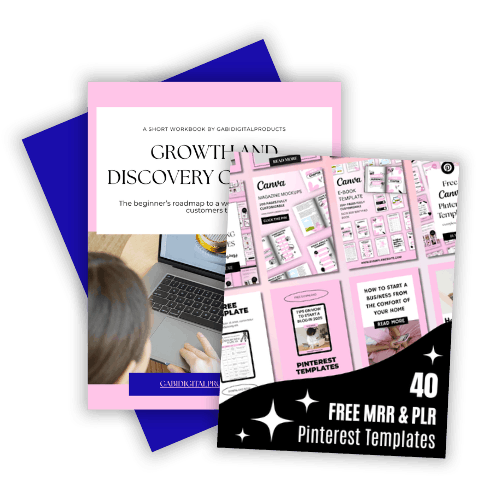 Image featuring a workbook titled 'Growth and Discovery' alongside a collection of 40 free Pinterest templates. The workbook cover shows a person using a laptop. The templates are visually represented with a pink theme, highlighting creative and professional design.