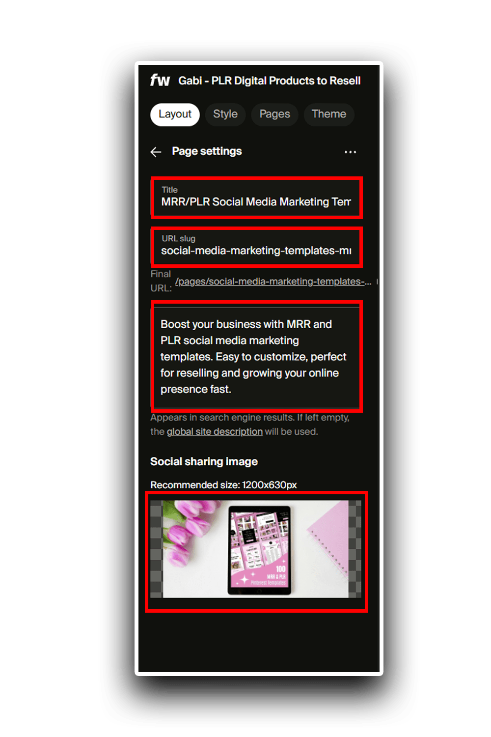 Screenshot showing SEO title, meta description, URL slug, and social image on Fourthwall in red.