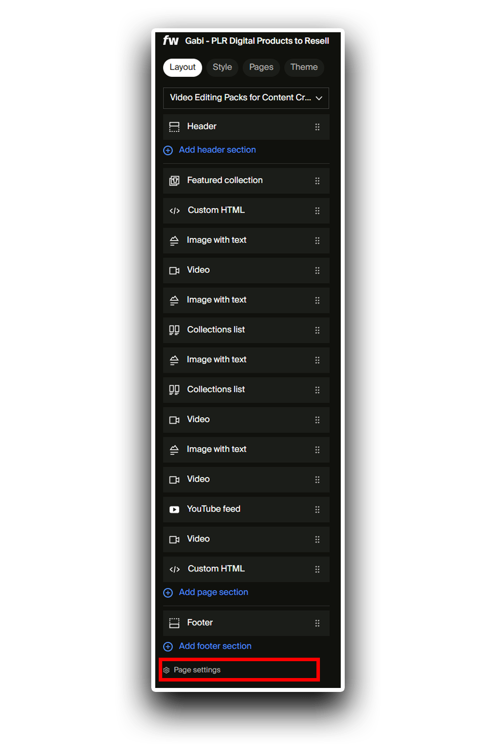 Screenshot by Gabi showing Fourthwall’s page settings area outlined in red for easy visibility.