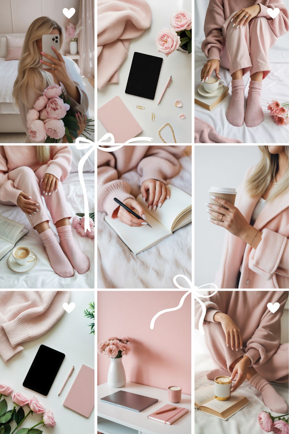 A collage of pink-themed photos of women in sweaters, working, writing, and drinking coffee from paper cups.