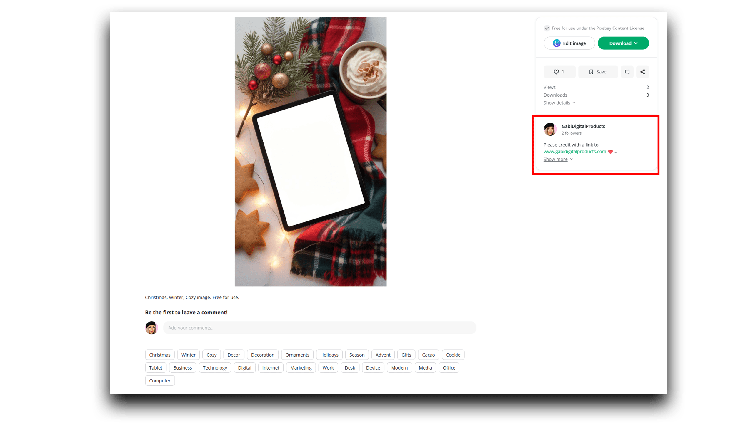 Pixabay screenshot of a Christmas mockup Gabi is giving away, asking for credit if used.