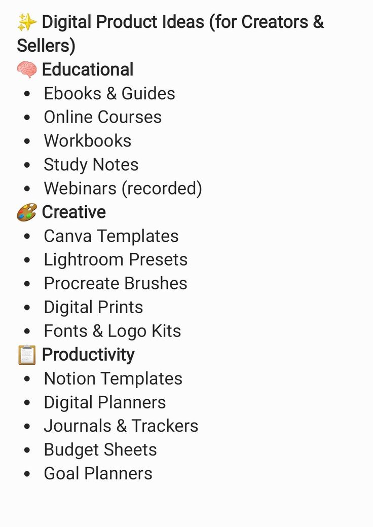 Black background with headline: 'Digital product ideas for creators.' Lists Educational, Productivity, Creative items with emojis.
