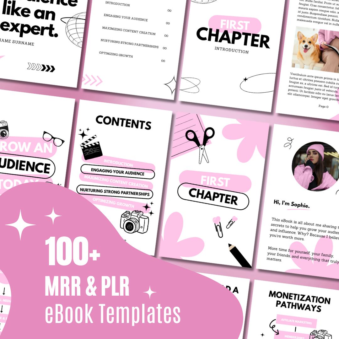 White and pink digital product eBook templates for entrepreneurs: “100+ MRR & PLR eBook Templates."