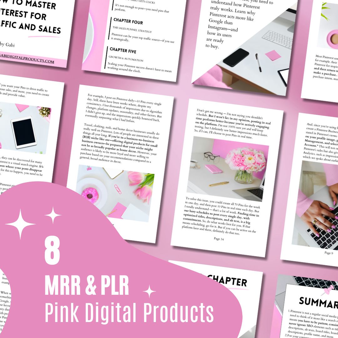 Pink and white digital product templates for entrepreneurs, shown as a Pinterest eBook pink design.