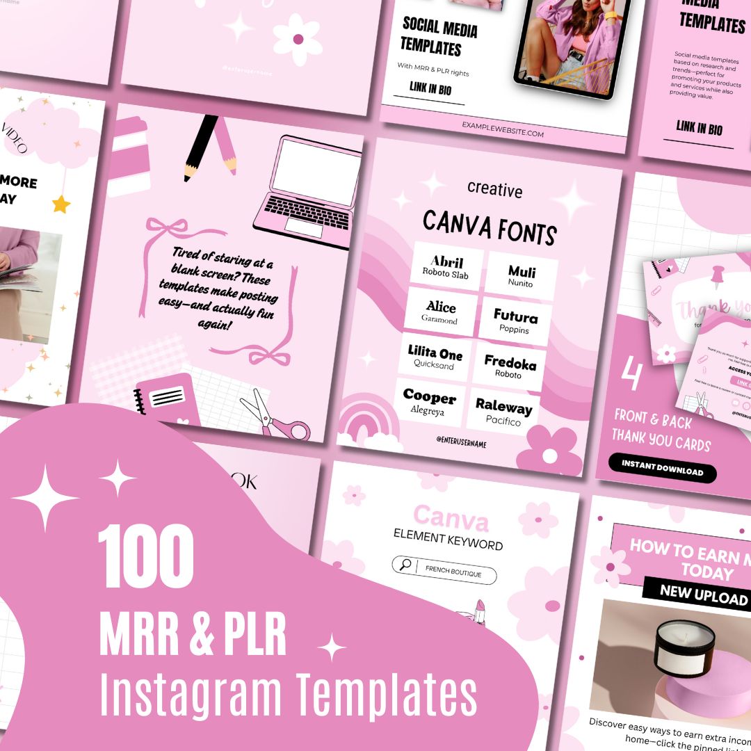 Pink and white digital product social media templates for entrepreneurs: “100 MRR & PLR Instagram.”