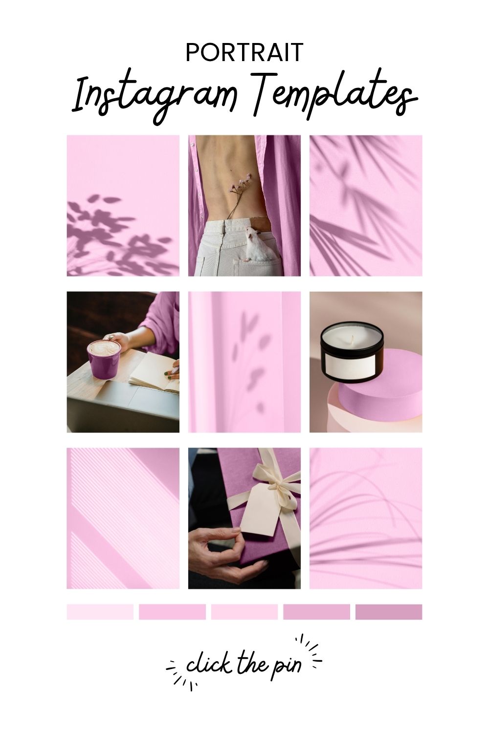 Instagram templates with pink shadow leaves, gift boxes, coffee, mockups, sold by Gabi on Pinterest.