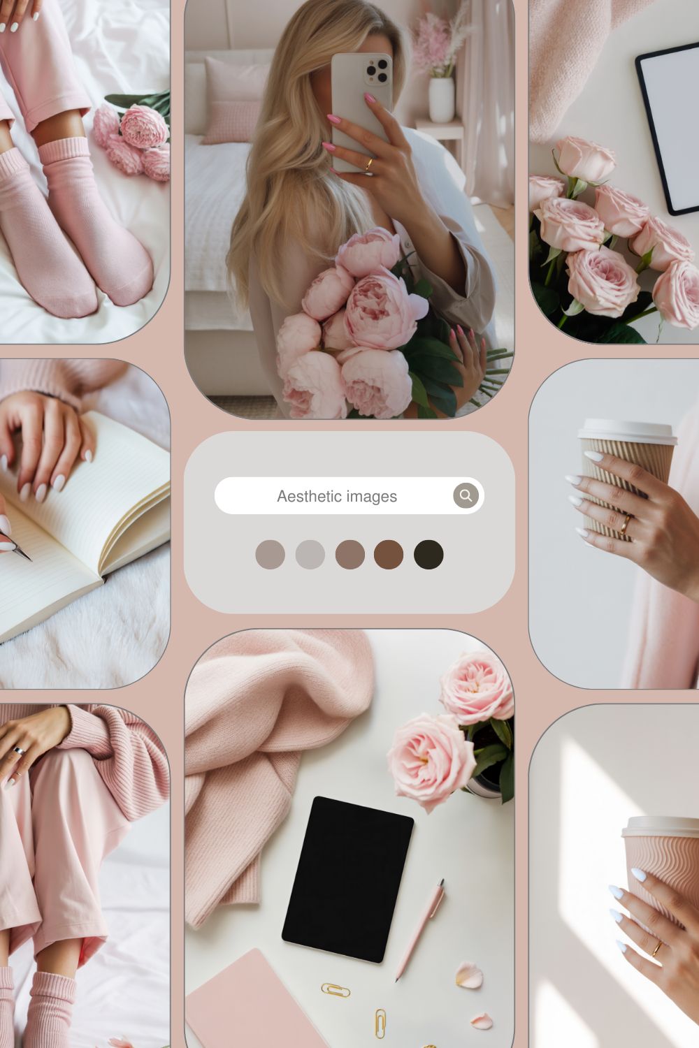 Pink-themed stock image of women holding pink cups and flowers, writing at a desk.