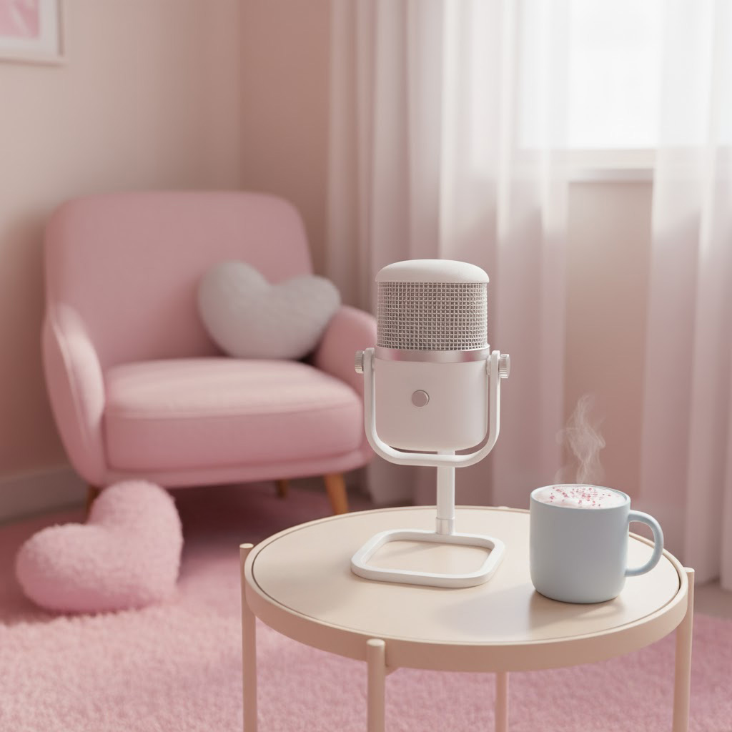 White desktop microphone on a small pink table with a steaming mug nearby, set in a soft, cozy, aesthetic pink home office featuring a pink armchair and sheer curtains. This professional setup highlights the importance of a quality microphone for content creators and podcasting.