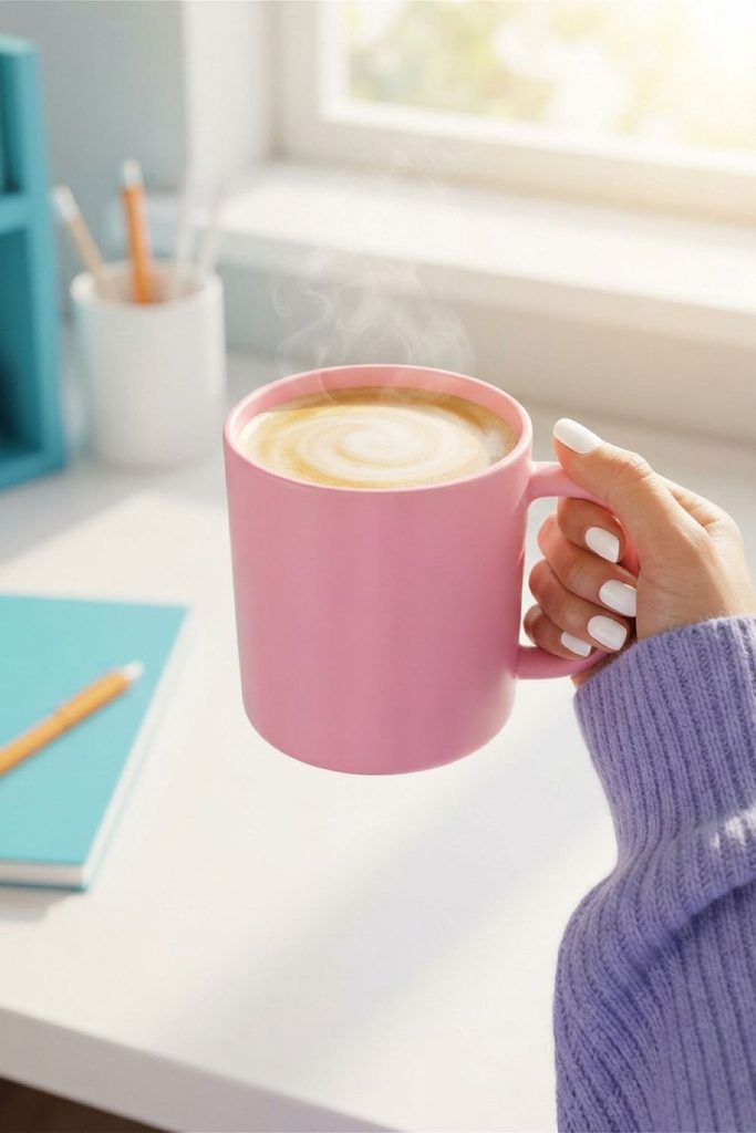 A hand with white nail polish and a purple sweater holds a pink mug filled with steaming coffee, set against a bright desk with a blue notebook.