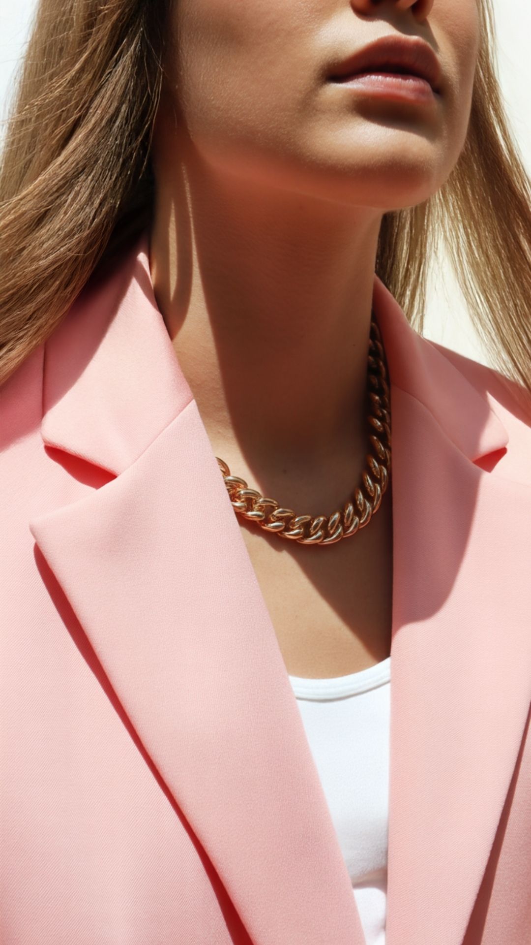 Close-up of a pink blazer and gold chain necklace, representing the polished, high-resolution visual aesthetic common in AI-generated product photography and digital art.