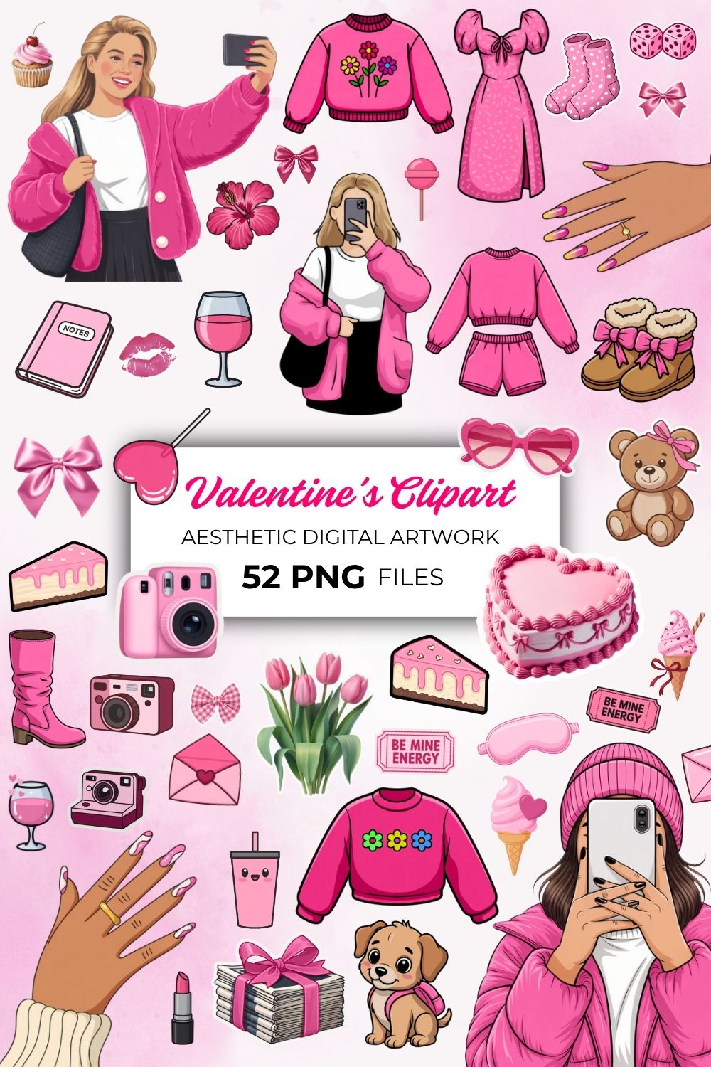 A vibrant collection of aesthetic artwork, predominantly in shades of pink, suitable for a Valentine's theme. The image features digital illustrations of fashion items like sweaters, dresses, and boots; accessories such as handbags, bows, and sunglasses; a variety of tech products including a camera and smartphones; and other popular items like food, drinks, a puppy, and floral arrangements.