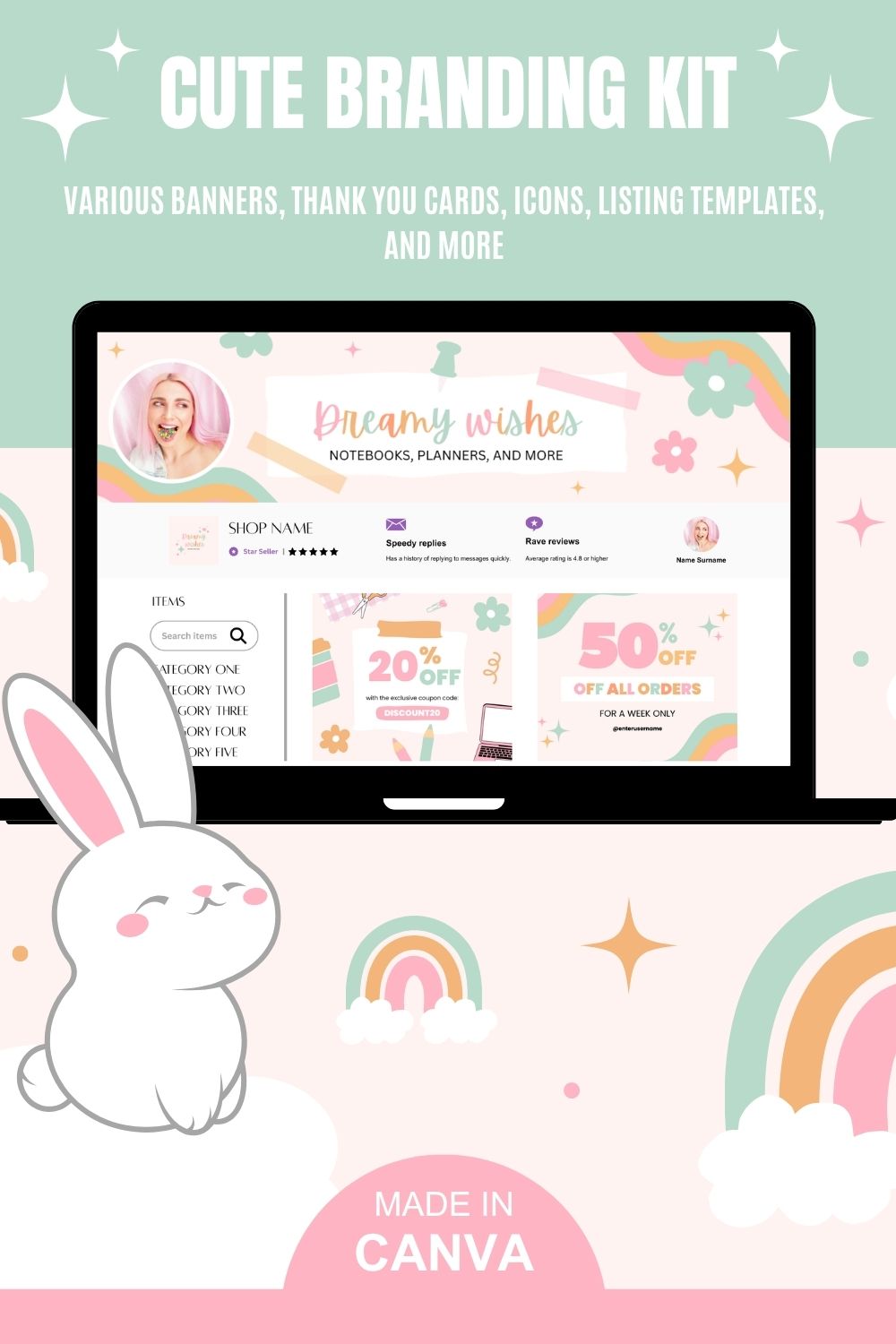 A laptop screen displaying an Etsy shop storefront utilizing a 'Dreamy Wishes' and a rainbow-themed branding kit. The screen shows product banners, discount codes, and a five-star shop rating. The foreground features a cute white rabbit and a rainbow arch, illustrating a vibrant, ready-to-use template.