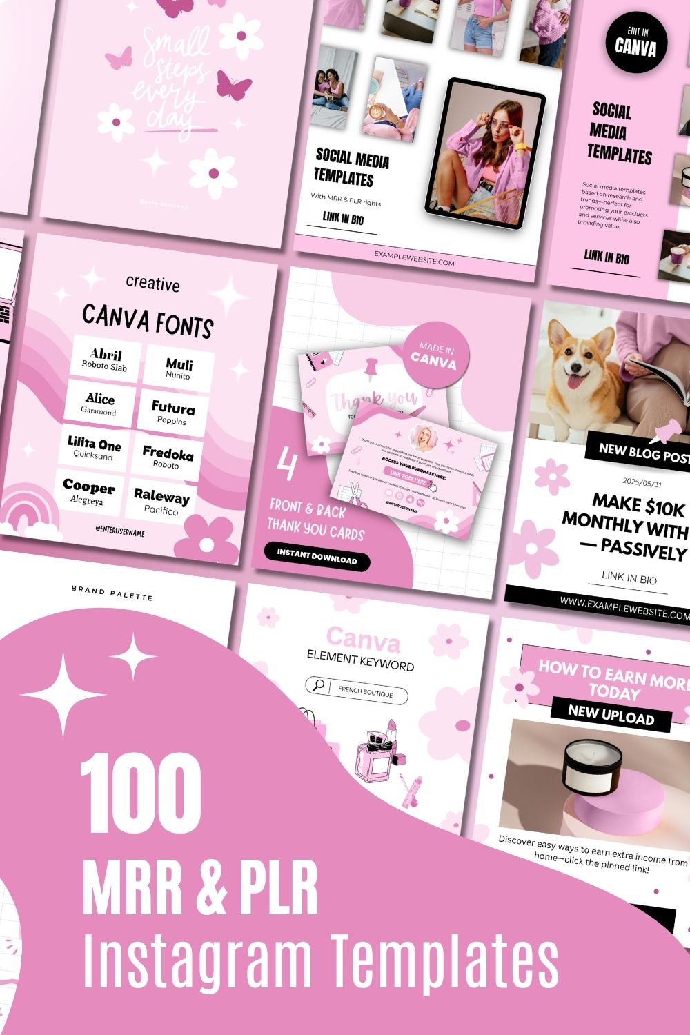 A vibrant collage of pink-themed Canva and Instagram templates, representing a collection of best selling digital products. The display includes templates for social media posts, creative font combinations, thank you cards, and a large section advertising '100 MRR & PLR Instagram Templates.' One section features an iPad showing a user interacting with social media templates, while other pages show examples of blog posts and tips for earning money, illustrating versatile digital products that are in high demand.