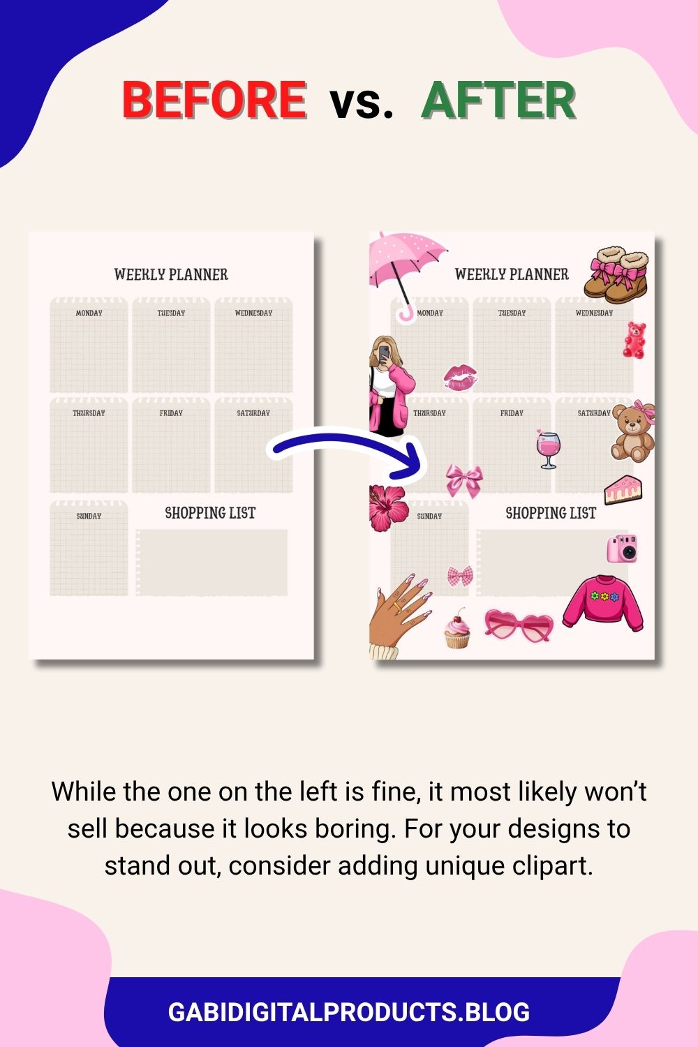 A side-by-side graphic contrasting a plain, minimalist Weekly Planner and Shopping List template (Before) with a vibrant, pink-themed version decorated with aesthetic clipart (After). The visual highlights how adding unique elements transforms a basic file into a potential best selling digital product, emphasizing visual appeal over simplicity.