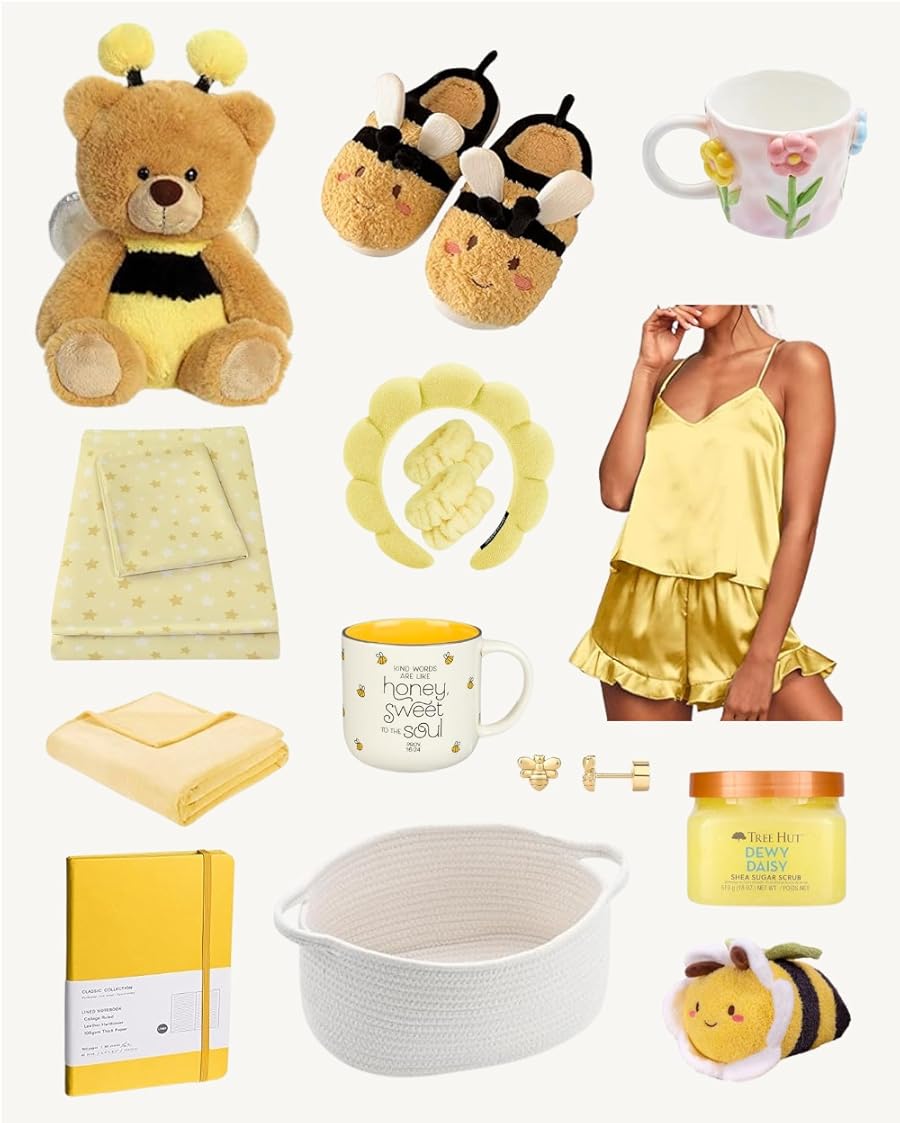 A collection of honeybee and yellow-themed items, including a plush bee-bear, bee slippers, a floral mug, yellow star-patterned sheets, a yellow throw blanket, a bee-themed mug with text, a yellow satin pajama set, a yellow spa headband and wristbands, bee earrings, a jar of body scrub, a yellow journal, a white woven basket, and a plush bee.