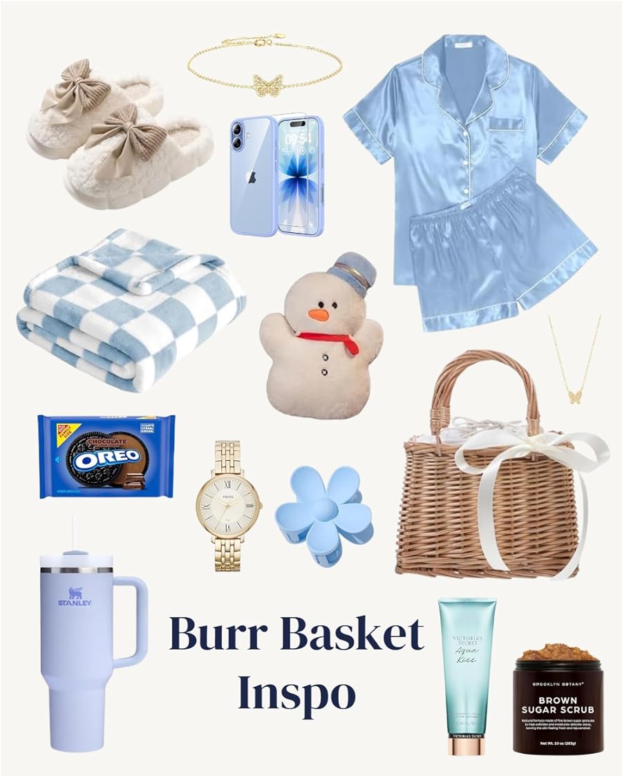An image showing Christmas gift basket ideas in a cool blue and white theme. The items include a lavender Stanley tumbler, a blue and white checkered throw blanket, a blue satin pajama set, a snowman plush, a wicker basket, a gold wristwatch, a butterfly bracelet and necklace, a light blue phone case, cream-colored bow slippers, a blue flower hair clip, Oreos, and two types of beauty scrub.