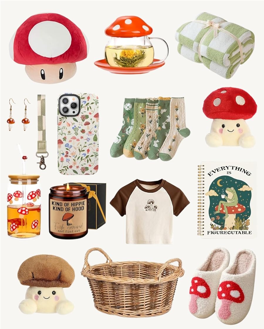 Christmas gift basket ideas featuring a cozy mushroom theme: A red mushroom plush, mushroom tea cup, green and white plaid towels, mushroom dangle earrings, a floral phone case with strap, mushroom and rabbit socks, a red mushroom plush toy, a mushroom-patterned glass cup, a "Kind of Hippie Kind of Hood" mushroom candle, a brown and white mushroom graphic t-shirt, a frog and mushroom journal, a brown mushroom plush, a wicker basket, and mushroom slippers.