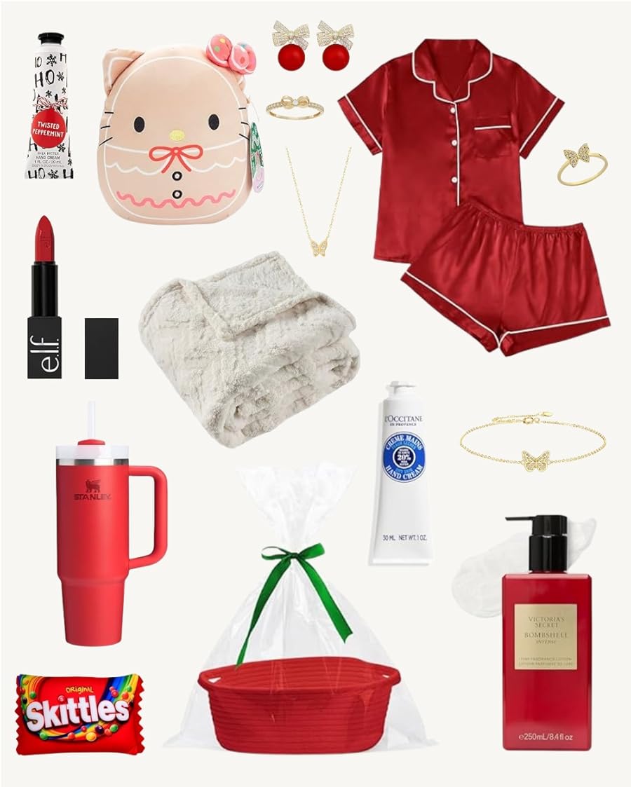 A festive Christmas gift assortment including a red Stanley tumbler, red satin pajamas, Bath & Body Works candle, Hello Kitty gingerbread plush, jewelry, and various beauty products, all laid out on a white surface.