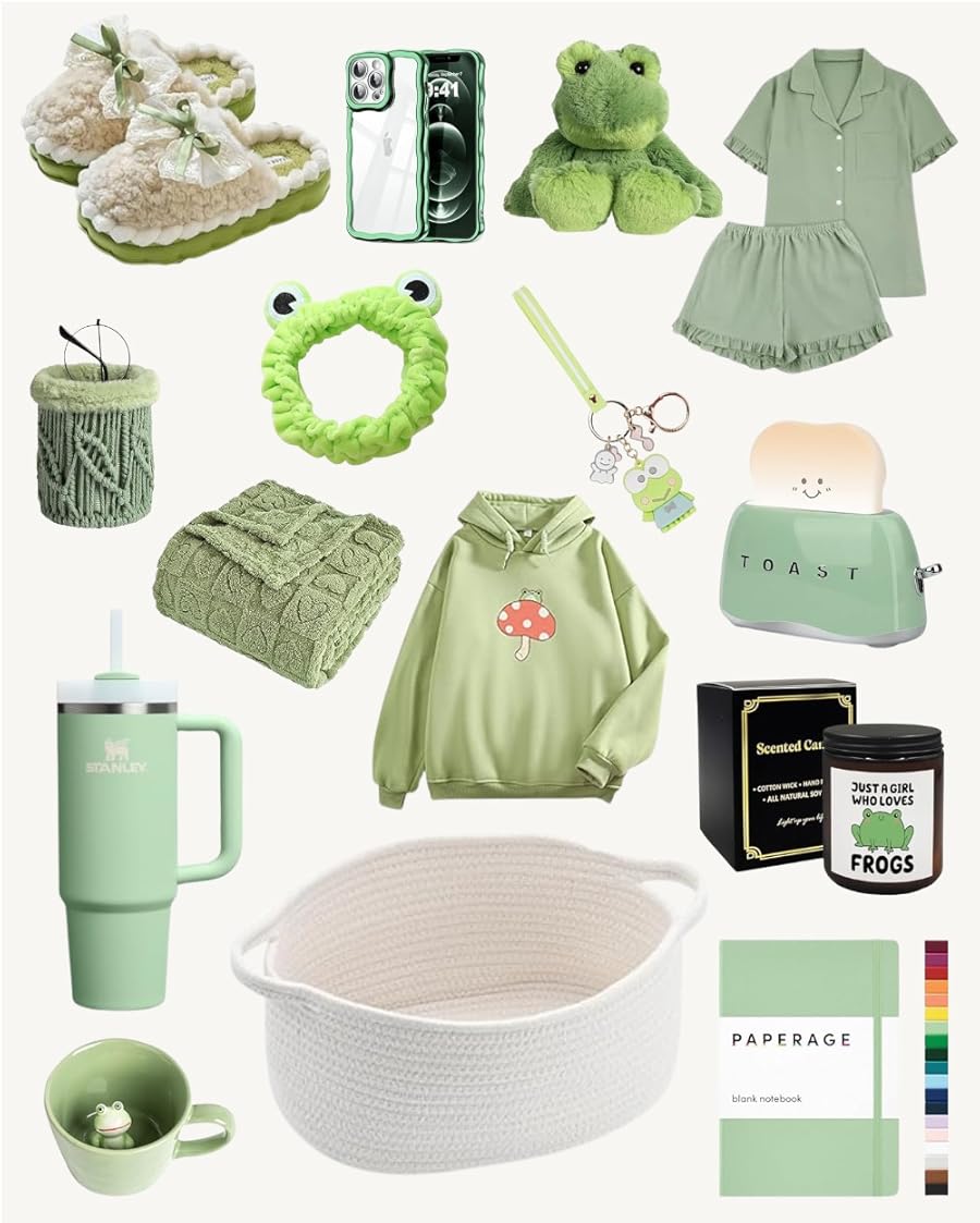 A cozy, frog-themed gift basket collection featuring various green items like slippers, a plush frog, pajamas, a hoodie, a scrunchie, a Stanley tumbler, and a frog-themed candle, all surrounding a large white storage basket.