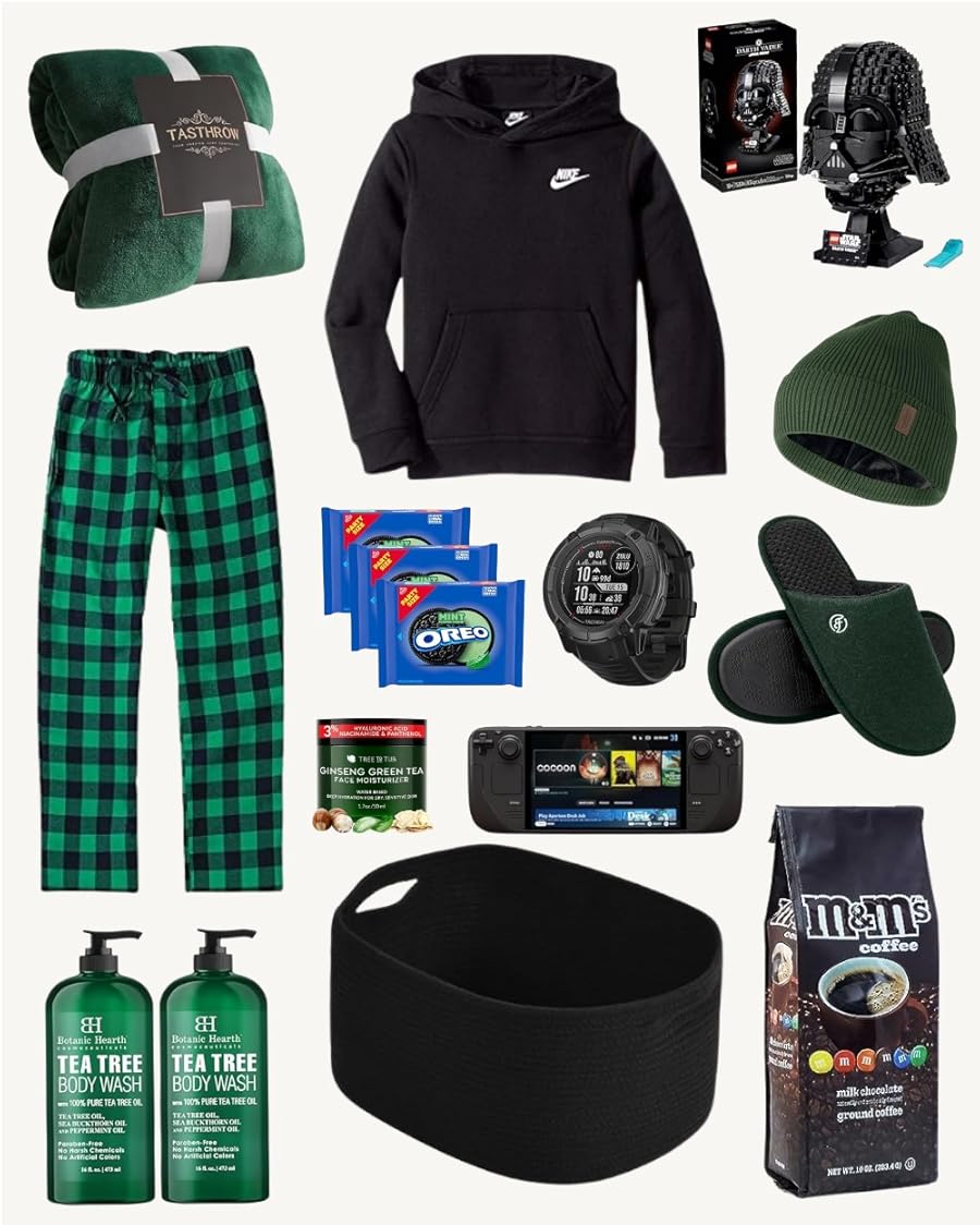 An image displaying gift ideas for a gamer, featuring a black, green, and navy color palette. The items include a black Nike hoodie, green and black plaid pajama pants, a dark green plush throw blanket, a dark green beanie, green slippers, a black smartwatch, a portable gaming console (Steam Deck), a Darth Vader LEGO helmet set, Botanical Hearth Tea Tree body wash, M&M's flavored coffee, a bag of Oreos, green tea bath soak, and a black woven basket.