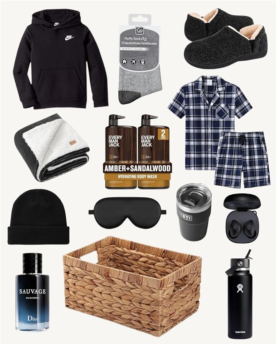 A selection of practical, last-minute gifts for a "Burr Basket," featuring a black Nike hoodie, a navy blue plaid pajama set (shirt and shorts), a pair of black sherpa-lined slippers, a black beanie, a black and white sherpa throw blanket, grey fluffy socks, a black sleeping mask, a Yeti tumbler, a black Hydro Flask water bottle, wireless earbuds in a case, a bottle of Dior Sauvage cologne, a 2-pack of Every Man Jack Amber + Sandalwood body wash, and a woven wicker basket.