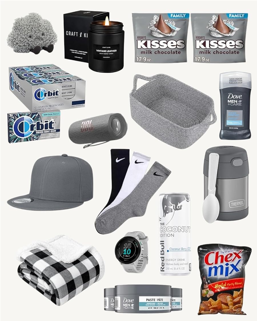 An image displaying Christmas gift basket ideas for a practical theme, with a grey and black color palette. The collection includes a grey plaid blanket, a grey snapback cap, a JBL portable speaker, a Garmin smartwatch, a Thermos food jar, a woven basket, a three-pack of Nike socks, a dark candle, Dove Men+Care deodorant and styling products, a two-pack of Orbit gum, and various snacks like Hershey's Kisses, Red Bull, and Chex Mix.
