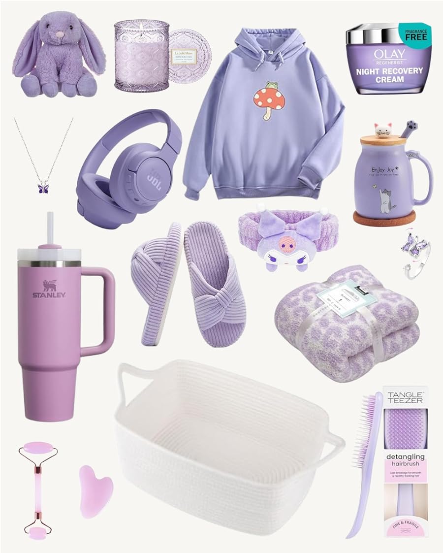 A curated gift assortment presented in a pale purple and white color scheme. The collection includes a lavender Stanley tumbler, a mushroom graphic hoodie, a purple bunny plush toy, JBL wireless headphones, a scented candle, a leopard-print throw blanket, a white woven basket, and various beauty and self-care items such as Olay Night Recovery Cream, lavender knot slippers, a kitty-themed mug, a detangling hairbrush, a bow headband, a jade roller and gua sha tool, and butterfly jewelry.