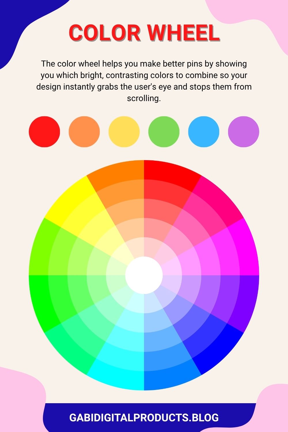 A simple color wheel worksheet illustrating primary and secondary colors (red, yellow, blue, orange, green, purple) used to create eye-catching visuals, a key step to making a Pinterest pin go viral.