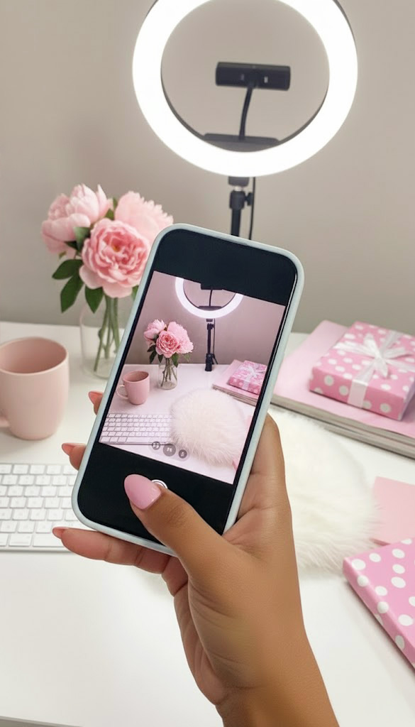 Pink-manicured hand holding a smartphone to photograph a bright, aesthetic pink desk setup. The shot captures a small ring light, a vase of pink flowers, a keyboard, and pink-themed decor, emphasizing good lighting for product photography and content creation.