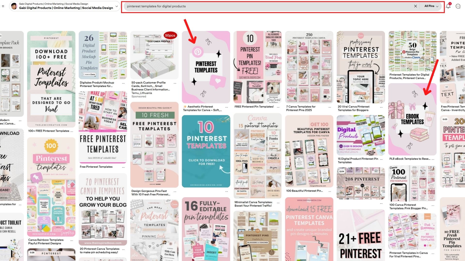 A screenshot of Pinterest search results for 'pinterest templates for digital products,' demonstrating how high-ranking pins use SEO.