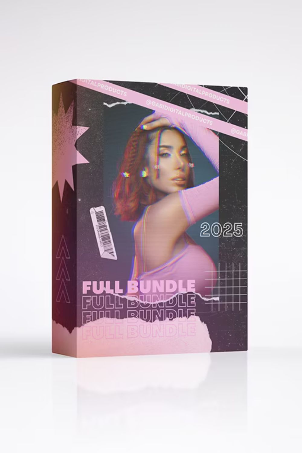 A 3D digital mockup of a software box, labeled 'FULL BUNDLE,' featuring a stylish woman with a glitch effect and the year '2025.' This image represents a complete package of best selling digital products, serving as a premium collection designed to maximize value and profit for the seller. The box design is dark and aesthetically trendy.