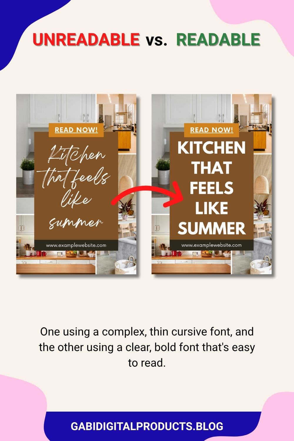 A side-by-side comparison of an unreadable font on a Pinterest pin versus a clear, readable font, demonstrating how good typography is essential for a pin to go viral.