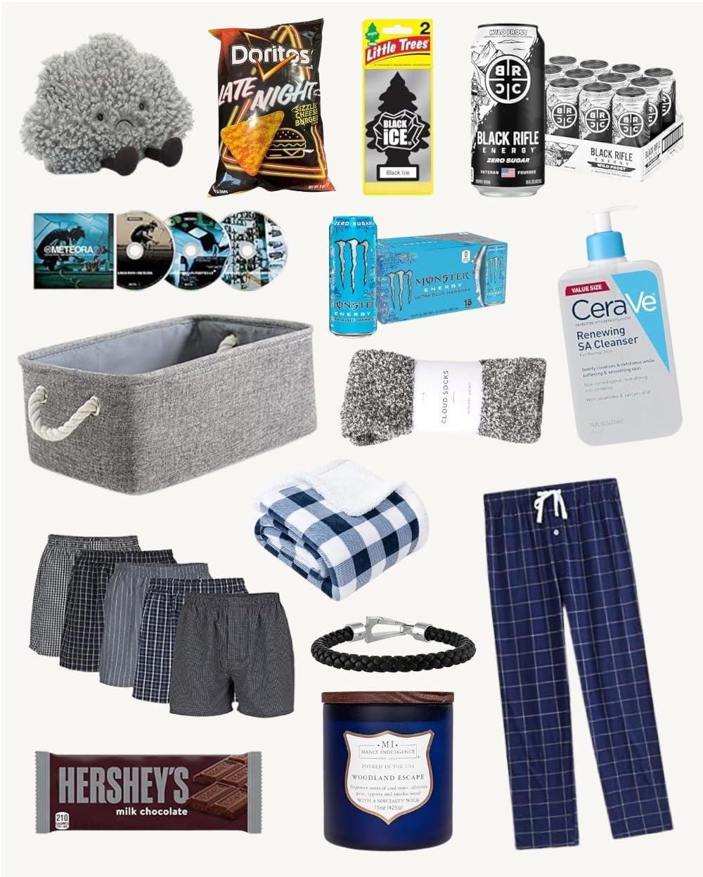 what-gifts-to-get-your-boyfriend-for-christmas-late-nighter A collection of late-night and comfort gifts for a boyfriend, including a grey fluffy toy, Doritos chips, Black Ice air freshener, Black Rifle coffee cans, Linkin Park Meteora CDs, Monster Energy drinks, CeraVe SA cleanser, cloud socks, a grey woven basket, plaid boxer briefs, a blue and white plaid blanket, a black leather bracelet, blue plaid pajama pants, Hershey's chocolate, and a blue Woodland Escape candle.