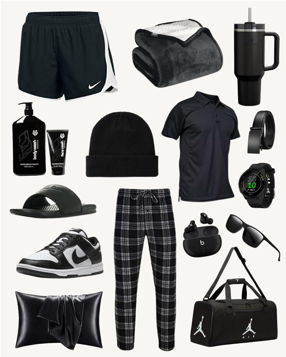 what-gifts-to-get-your-boyfriend-for-christmas-athletic-minimalist A flat lay of what gifts to get your boyfriend for Christmas, featuring a minimalist and athletic theme with black and white items. The collection includes gifts for him like Nike shorts, a beanie, a polo, a Stanley travel tumbler, a fuzzy blanket, a duffel bag, Nike Dunk Low sneakers, slides, a watch, sunglasses, and personal care products, all arranged on a white background.