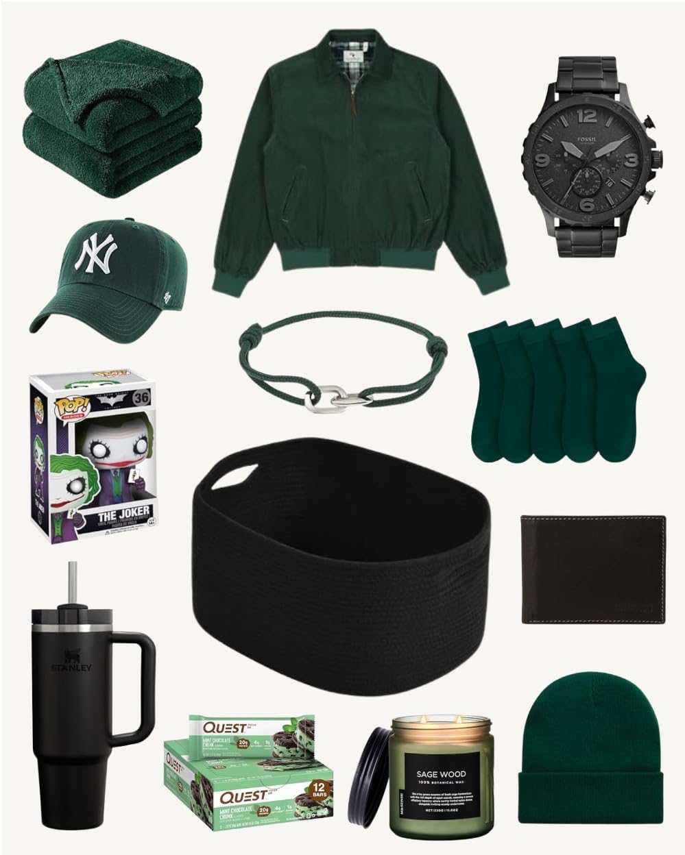 what-gifts-to-get-your-boyfriend-for-christmas-disciplined A flat lay of what gifts to get your boyfriend for Christmas, featuring a disciplined and organized collection with a dark green and black color palette. The collection of gifts for him includes a black Fossil watch, a dark green bomber jacket, a New Era NY Yankees baseball cap, dark green socks, a beanie, a black wallet, a black woven storage basket, a Funko Pop of The Joker, Quest protein bars, a black Stanley tumbler, a green bracelet, and a Sage Wood candle.