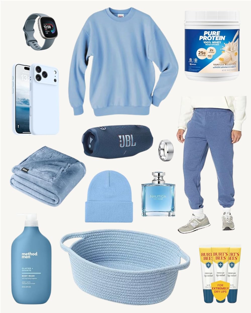 what-gifts-to-get-your-boyfriend-for-christmas-homebody A flat-lay collage of gift ideas for a man, themed around the color light blue, comfort, and fitness. The items include a light blue crewneck sweatshirt, matching sweatpants, a light blue knit beanie, a blue JBL portable speaker, a blue and white smartwatch, a light blue iPhone case, a bottle of Nautica Voyage cologne, a light blue body wash (Method Men), a jar of Pure Protein powder (Vanilla Milkshake flavor), a silver ring, a stack of soft blue towels or blankets, a blue woven storage basket, and two tubes of Burt's Bees lip relief.