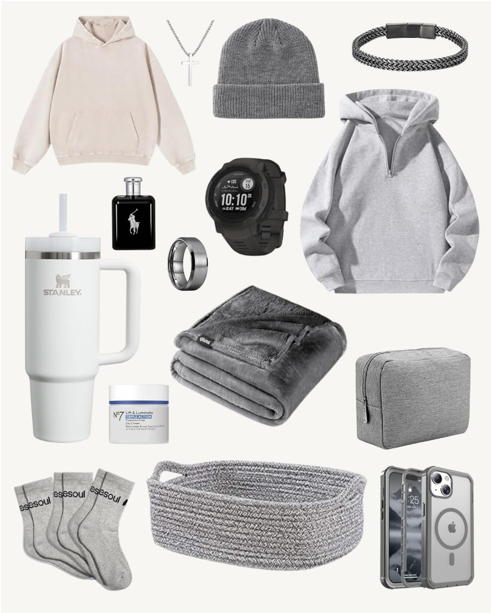 what-gifts-to-get-your-boyfriend-for-christmas-prepared-minimalist Flat lay of neutral-toned gifts including a gray beanie, white Stanley tumbler, gray hoodie, black smartwatch, and gray travel bag.