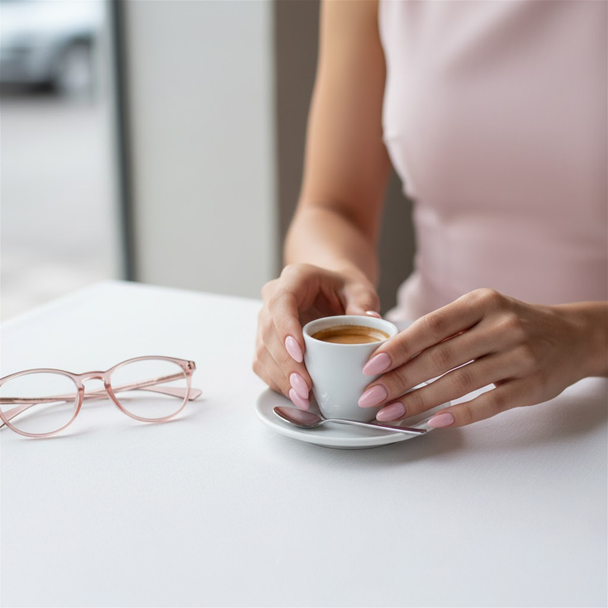 Woman’s hands with soft pink manicure holding a small white cup of espresso on a saucer, next to light pink-framed reading glasses on a white table.